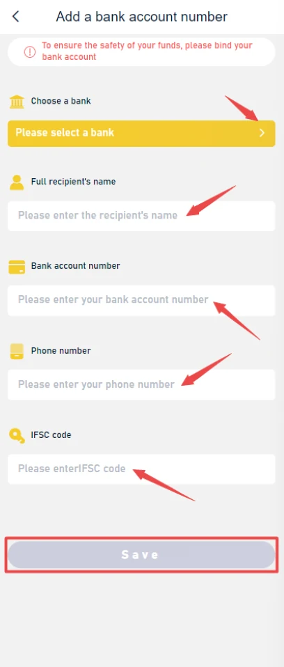 IN999 Game add a bank account screen