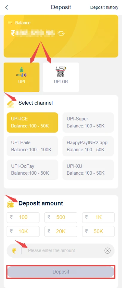 IN999 Game deposit channel and amount screen