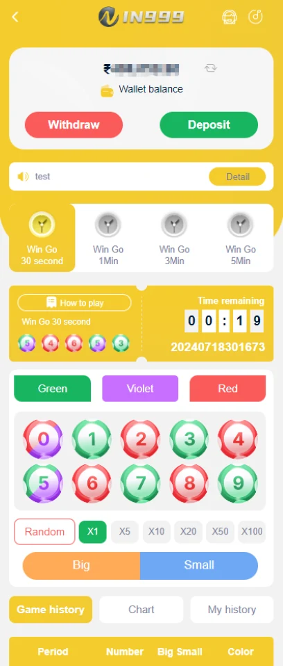 IN999 Game home, balance and wallet screen