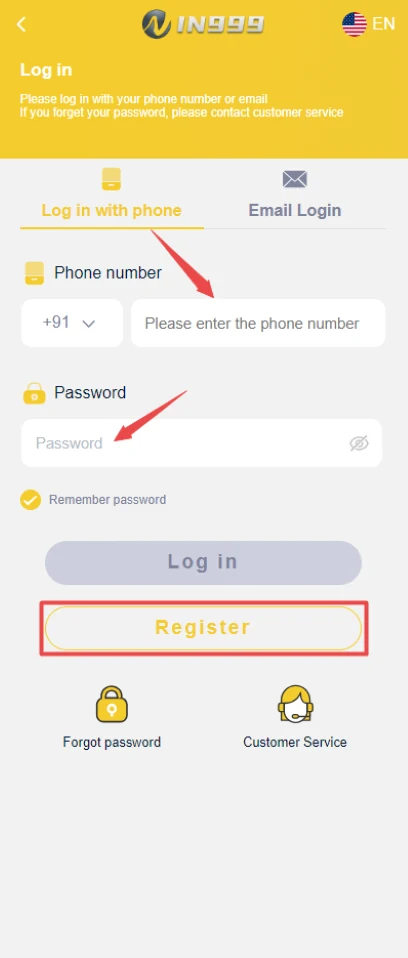 IN999 Game login and register entry screen