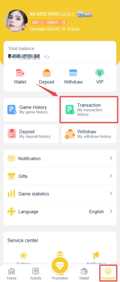 IN999 Game transaction records screen